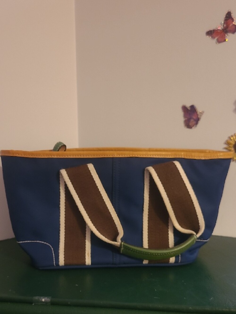 Coach Blue Tote Bag with Brown Accent and Yellow Trim Lined In Signature Plastic - Picture 3 of 12